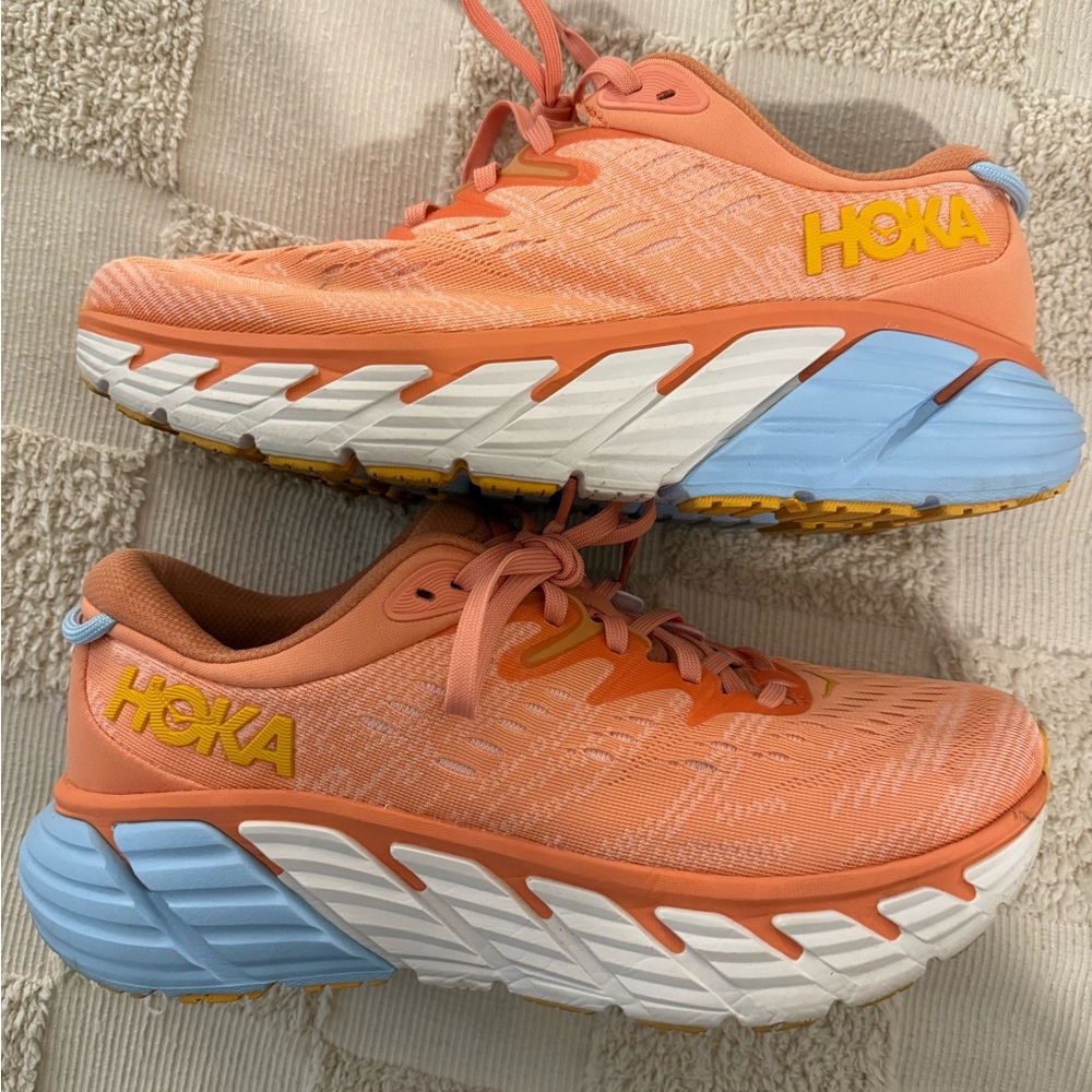 Hoka One One Orange and Blue Athletic Shoes with Maximalist Cushioning